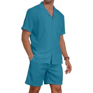imageYTD Mens 2 Pieces Shirt Set Short Sleeve Button Down Casual Hippie Holiday Beach TShirts Shorts OutfitsBlue