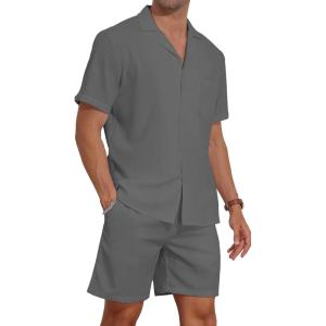 imageYTD Mens 2 Pieces Shirt Set Short Sleeve Button Down Casual Hippie Holiday Beach TShirts Shorts OutfitsDark Grey