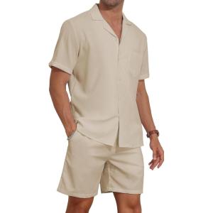 imageYTD Mens 2 Pieces Shirt Set Short Sleeve Button Down Casual Hippie Holiday Beach TShirts Shorts OutfitsLight Khaki