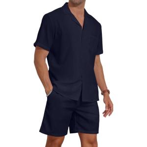 imageYTD Mens 2 Pieces Shirt Set Short Sleeve Button Down Casual Hippie Holiday Beach TShirts Shorts OutfitsNavy
