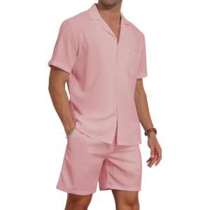 imageYTD Mens 2 Pieces Shirt Set Short Sleeve Button Down Casual Hippie Holiday Beach TShirts Shorts OutfitsPink