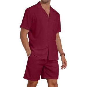 imageYTD Mens 2 Pieces Shirt Set Short Sleeve Button Down Casual Hippie Holiday Beach TShirts Shorts OutfitsRed