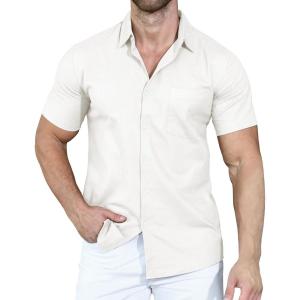 imageYTD Mens Casual Linen Button Down Shirt Short Sleeve Beach ShirtA1white
