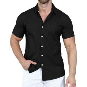 imageYTD Mens Casual Linen Button Down Shirt Short Sleeve Beach ShirtBlack