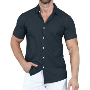 imageYTD Mens Casual Linen Button Down Shirt Short Sleeve Beach ShirtDenim Blue