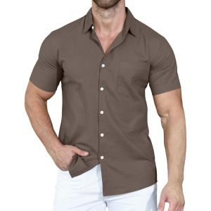 imageYTD Mens Casual Linen Button Down Shirt Short Sleeve Beach ShirtGray Brown