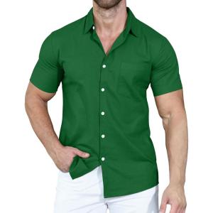 imageYTD Mens Casual Linen Button Down Shirt Short Sleeve Beach ShirtGreen