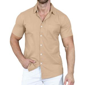 imageYTD Mens Casual Linen Button Down Shirt Short Sleeve Beach ShirtKhaki