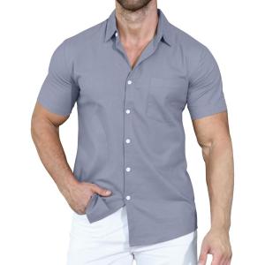 imageYTD Mens Casual Linen Button Down Shirt Short Sleeve Beach ShirtLight Blue