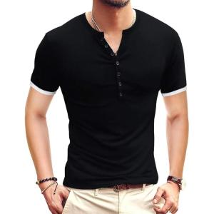 imageYTD Mens Casual Slim Fit Basic Henley Short Sleeve Fashion Summer TShirt01 Black