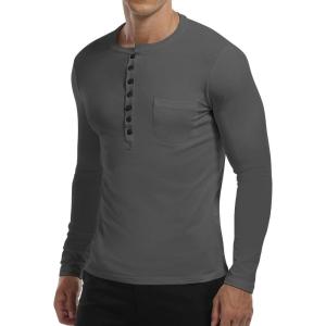 imageYTD Mens Casual Slim Fit Basic Henley Short Sleeve Fashion Summer TShirtLong Sleeve Dark Gray