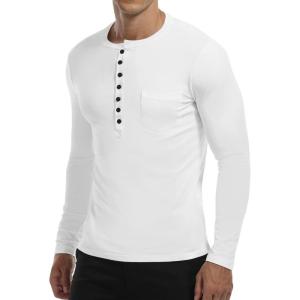 imageYTD Mens Casual Slim Fit Basic Henley Short Sleeve Fashion Summer TShirtLong Sleeve White