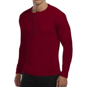 imageYTD Mens Casual Slim Fit Basic Henley Short Sleeve Fashion Summer TShirtLong Sleeve Wine Red