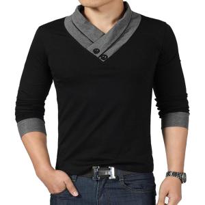 imageYTD Mens Cotton Casual VNeck Button Slim Muscle Tops Tee Short Sleeve TShirtsLong Sleeve Black