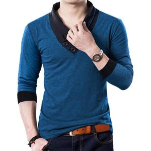 imageYTD Mens Cotton Casual VNeck Button Slim Muscle Tops Tee Short Sleeve TShirtsLong Sleeve Blue