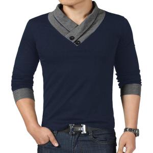imageYTD Mens Cotton Casual VNeck Button Slim Muscle Tops Tee Short Sleeve TShirtsLong Sleeve Navy