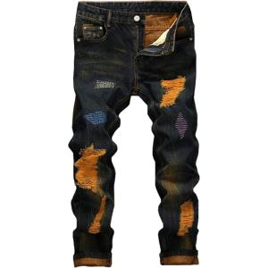 imageYTD Mens Distressed Ripped Biker Slim Jeans Stretched Moto Denim PantsA1 Gold
