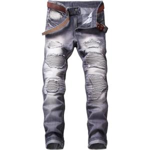 imageYTD Mens Distressed Ripped Biker Slim Jeans Stretched Moto Denim PantsDark Gray