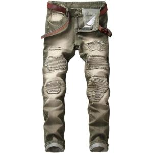 imageYTD Mens Distressed Ripped Biker Slim Jeans Stretched Moto Denim PantsGreen