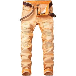 imageYTD Mens Distressed Ripped Biker Slim Jeans Stretched Moto Denim PantsOrange