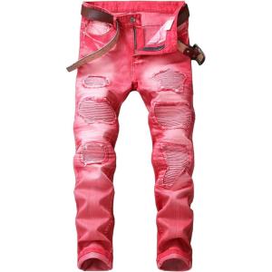 imageYTD Mens Distressed Ripped Biker Slim Jeans Stretched Moto Denim PantsRed