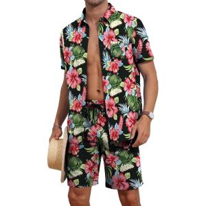imageYTD Mens Flower Hawaiian 2 Piece Outfit Sets Short Sleeve Beach Casual Button Down Shirt and Shorts SuitsBlack Flower