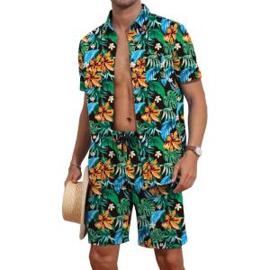 imageYTD Mens Flower Hawaiian 2 Piece Outfit Sets Short Sleeve Beach Casual Button Down Shirt and Shorts SuitsBlack Orange Flower