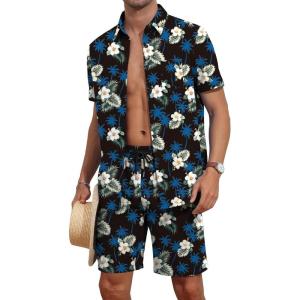 imageYTD Mens Flower Hawaiian 2 Piece Outfit Sets Short Sleeve Beach Casual Button Down Shirt and Shorts SuitsBlack White Flower