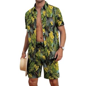 imageYTD Mens Flower Hawaiian 2 Piece Outfit Sets Short Sleeve Beach Casual Button Down Shirt and Shorts SuitsBlack Yellow Leaf