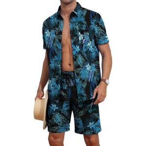 imageYTD Mens Flower Hawaiian 2 Piece Outfit Sets Short Sleeve Beach Casual Button Down Shirt and Shorts SuitsBlue Green Leaf