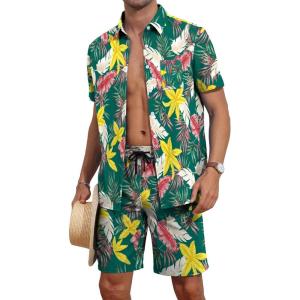 imageYTD Mens Flower Hawaiian 2 Piece Outfit Sets Short Sleeve Beach Casual Button Down Shirt and Shorts SuitsGreen Flower