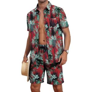 imageYTD Mens Flower Hawaiian 2 Piece Outfit Sets Short Sleeve Beach Casual Button Down Shirt and Shorts SuitsRed Leaf