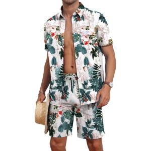imageYTD Mens Flower Hawaiian 2 Piece Outfit Sets Short Sleeve Beach Casual Button Down Shirt and Shorts SuitsWhite Flower
