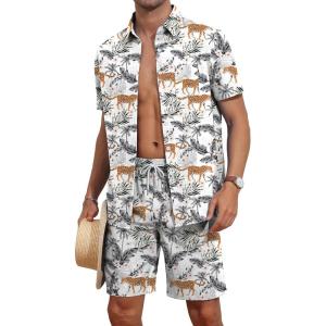 imageYTD Mens Flower Hawaiian 2 Piece Outfit Sets Short Sleeve Beach Casual Button Down Shirt and Shorts SuitsWhite Leopard