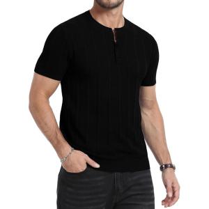 imageYTD Mens Henley TShirts Short Sleeve Knit Sweater Shirt Casual Solid Ribbed Pullover TeeBlack
