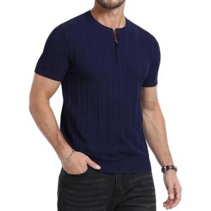 imageYTD Mens Henley TShirts Short Sleeve Knit Sweater Shirt Casual Solid Ribbed Pullover TeeNavy