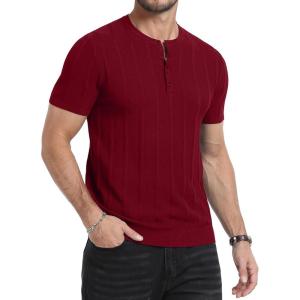 imageYTD Mens Henley TShirts Short Sleeve Knit Sweater Shirt Casual Solid Ribbed Pullover TeeWine Red