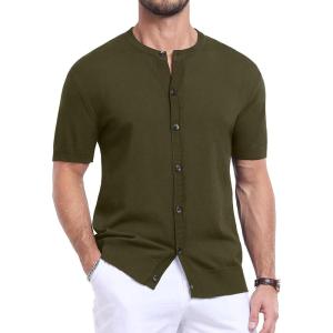 imageYTD Mens Knit Casual Button Down Shirts Short Sleeve Textured Summer Beach ShirtsArmy Green