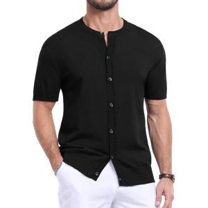 imageYTD Mens Knit Casual Button Down Shirts Short Sleeve Textured Summer Beach ShirtsBlack