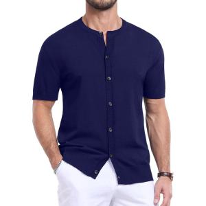 imageYTD Mens Knit Casual Button Down Shirts Short Sleeve Textured Summer Beach ShirtsNavy