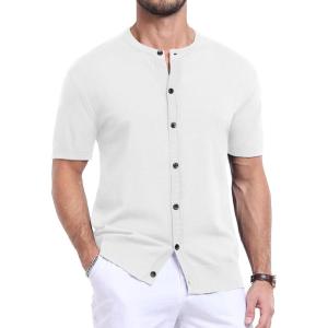 imageYTD Mens Knit Casual Button Down Shirts Short Sleeve Textured Summer Beach ShirtsWhite