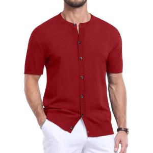 imageYTD Mens Knit Casual Button Down Shirts Short Sleeve Textured Summer Beach ShirtsWine Red1