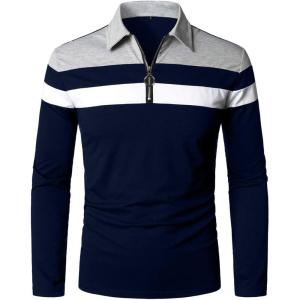 imageYTD Mens Long Sleeve Polo Shirts QuarterZip Casual Slim Fit Lapel Neck Basic Designed Cotton ShirtsLsnavy Blue