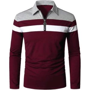 imageYTD Mens Long Sleeve Polo Shirts QuarterZip Casual Slim Fit Lapel Neck Basic Designed Cotton ShirtsLswine Red