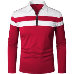 imageYTD Mens Long Sleeve Polo Shirts QuarterZip Casual Slim Fit Lapel Neck Basic Designed Cotton ShirtsRed