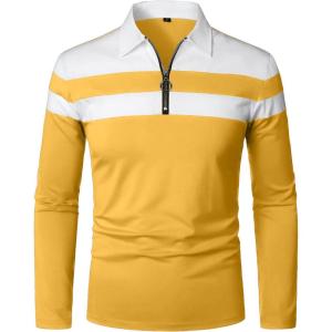 imageYTD Mens Long Sleeve Polo Shirts QuarterZip Casual Slim Fit Lapel Neck Basic Designed Cotton ShirtsYellow