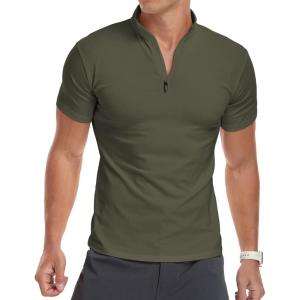 imageYTD Mens LongShort Sleeve Polo Shirts QuarterZip Casual Slim Fit Mock Neck Basic Designed Cotton ShirtsA1army Green