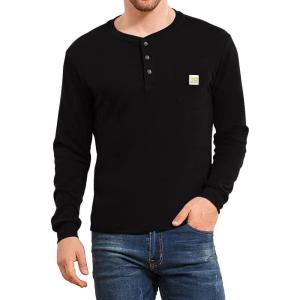 imageYTD Mens Loose Fit Heavyweight Long Sleeve Pocket Henley TShirtLong Sleeve Black