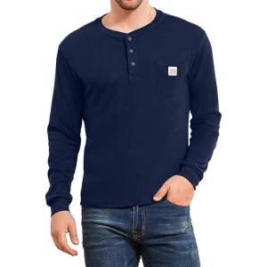 imageYTD Mens Loose Fit Heavyweight Long Sleeve Pocket Henley TShirtLong Sleeve Navy
