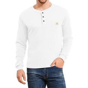 imageYTD Mens Loose Fit Heavyweight Long Sleeve Pocket Henley TShirtLong Sleeve White